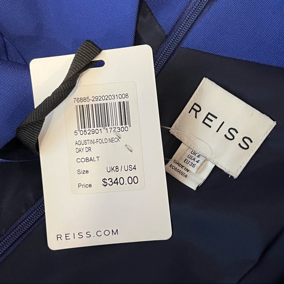 REISS Augustini Fold Neck Blue Knee Length Dress US4 NWT ($340) - Picture 4 of 6